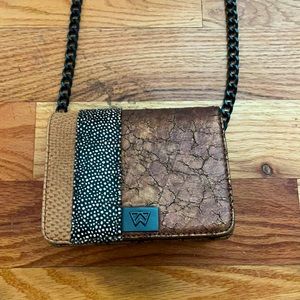 NWOT: stadium cleared sized kelly wynne crossbody bag with leather and fur